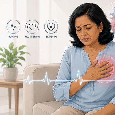 Woman experiencing heart palpitations with symptoms like racing, fluttering, and skipping.