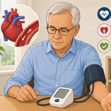Older man checking blood pressure with heart health icons.