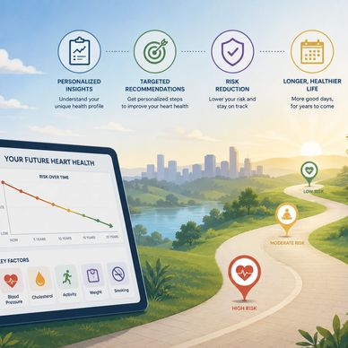 A digital tablet shows a declining heart health risk chart alongside a scenic path illustrating high, moderate, and low heart risk levels.