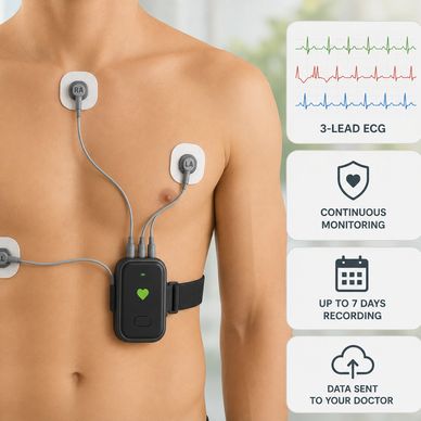 A portable 3-lead ECG device on a man's chest for continuous heart monitoring.