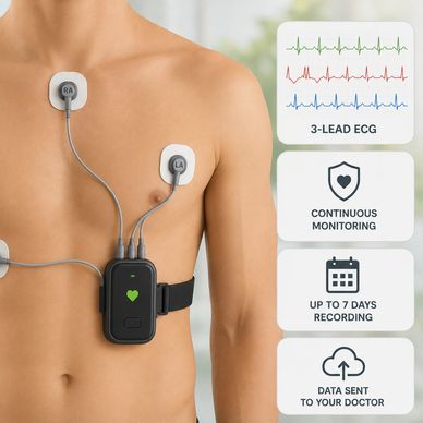 Person wearing a 3-lead ECG heart monitor with continuous monitoring and data sent to doctor.
