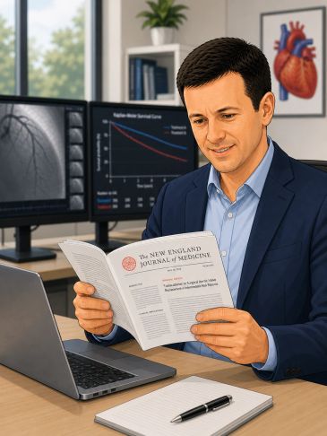 A man in a suit reads a medical journal in an office with heart health visuals.