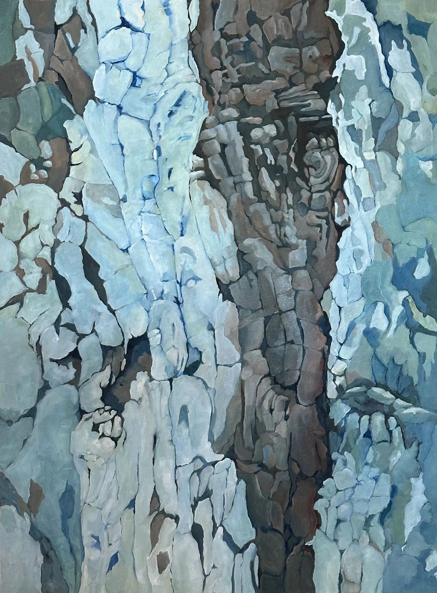 Abstract painting depicting textured rock formations in cool blue and gray tones.