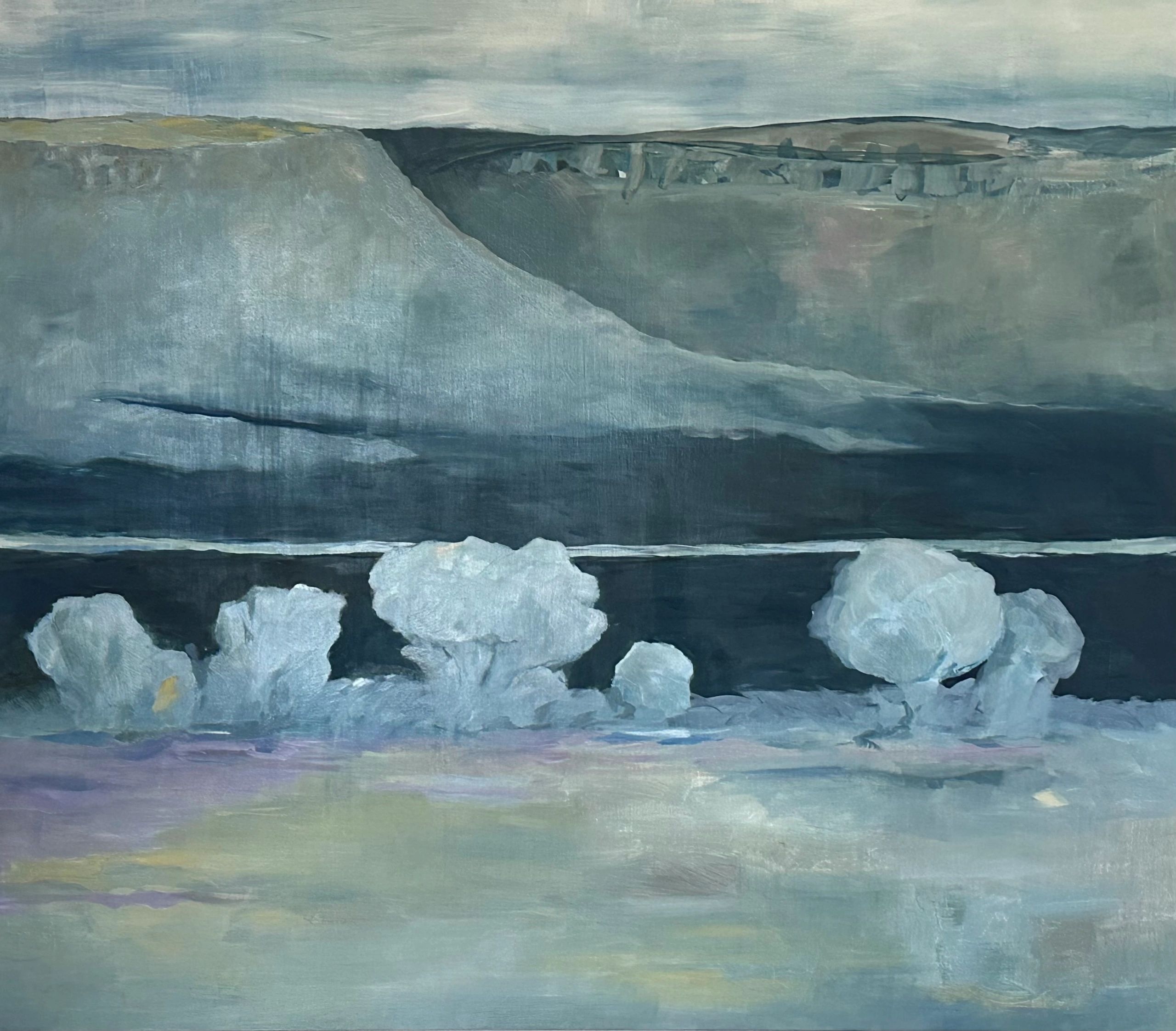 Muted landscape painting with soft blue and gray tones, featuring abstract trees and hills.