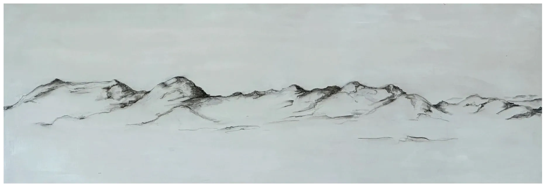 Minimalist charcoal sketch of a mountain range on a light background.