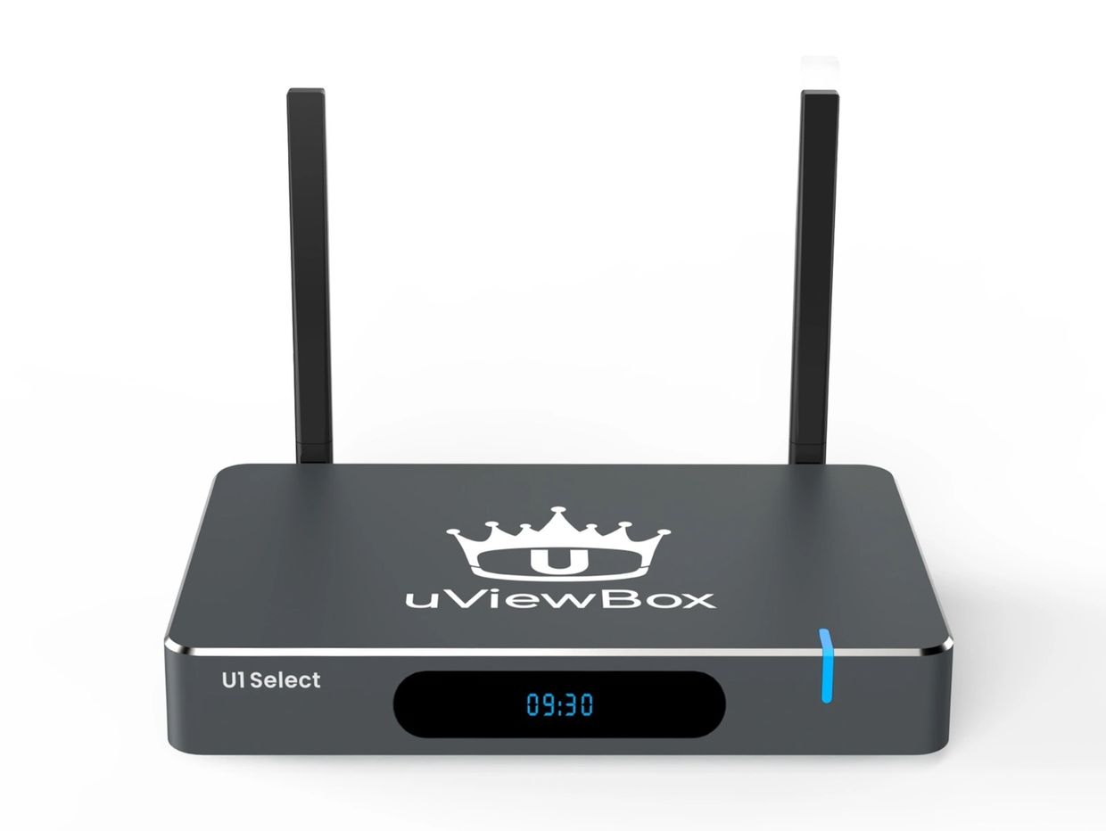 Black uViewBox U1 Select device with two antennas and digital clock display.