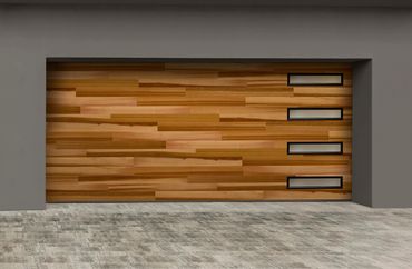 Modern wooden garage door with horizontal rectangular windows on a concrete driveway.