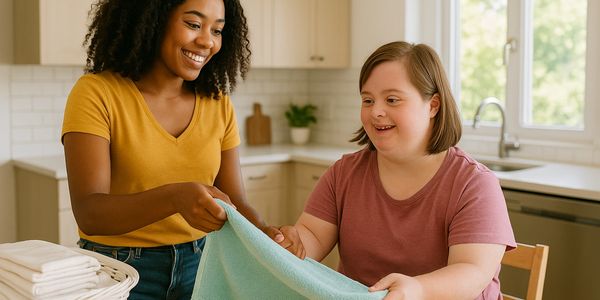 Two women folding a towel together in a bright kitchen.
