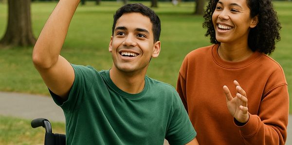 Man in wheelchair holding a basketball with a smiling woman beside him outdoors.