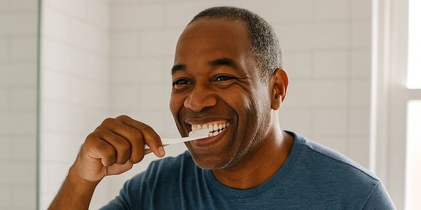 A man smiling while brushing his teeth in a bathroom.
