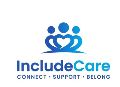 Logo of IncludeCare featuring three blue figures forming a heart shape.