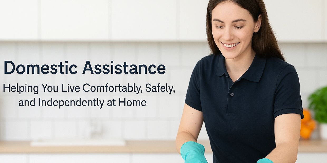 Smiling woman cleaning a surface with gloves, promoting domestic assistance.