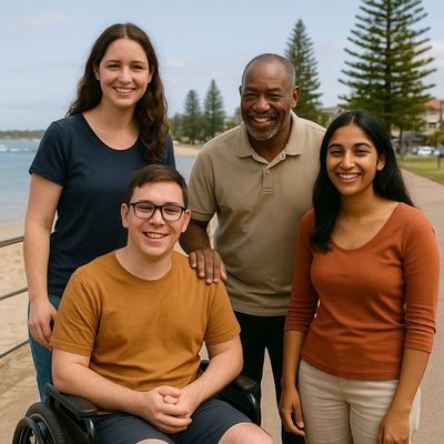 Diverse friends smiling together outdoors by the beach, one in a wheelchair.
