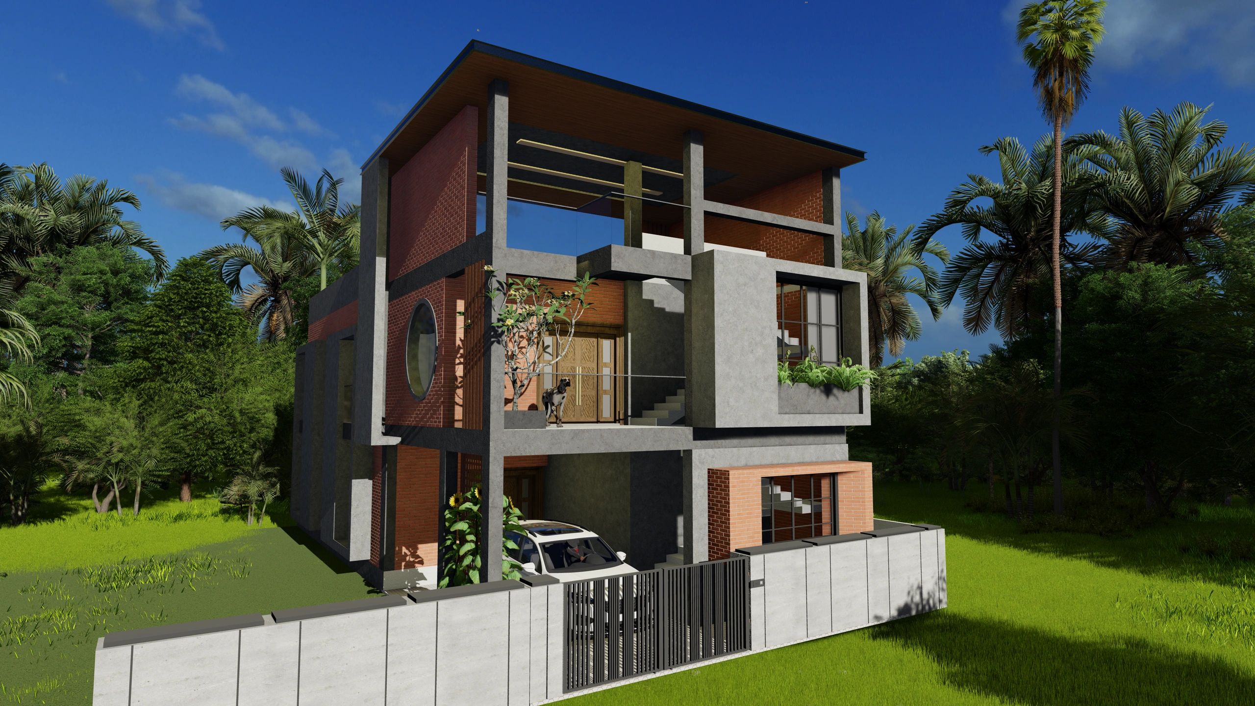 Modern two-story house with concrete and brick design surrounded by lush greenery.