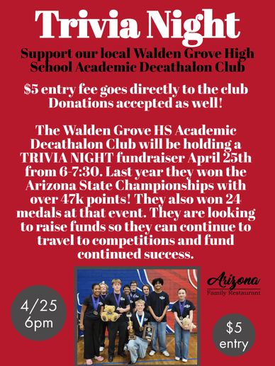 $5 entry for trivia night on April 25th at Arizona Family Restaurant.
