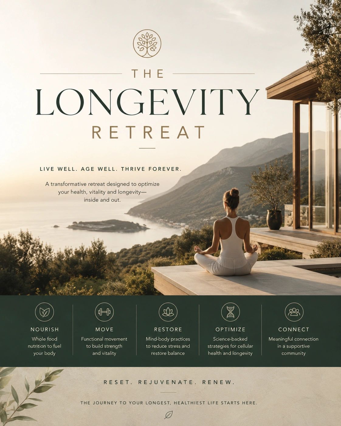 Woman meditating at a serene retreat overlooking mountains and water.