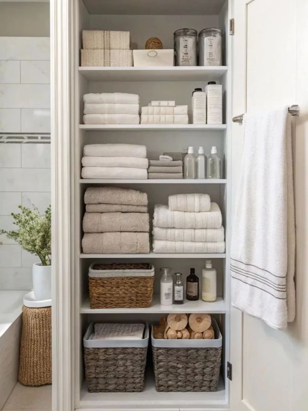 Organized bathroom shelves with towels and toiletries.