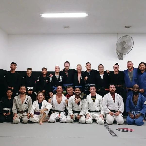 Group photo of Born to Roll BJJ students after Brazilian Jiu-Jitsu training at the gym in Phuket, Th