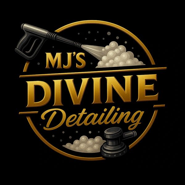 MJ's Divine Detailing logo with cleaning tools and bubbles in gold and black.