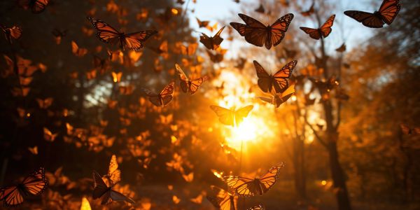Monarch butterflies flying at sunset in a forest.