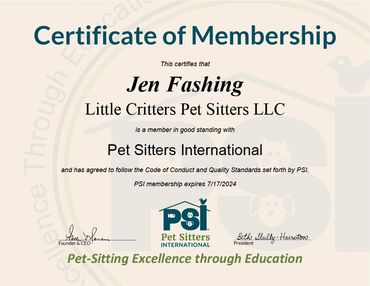 Pet Sitters International
Certificate of Membership
7/17/2023-7/17/2024