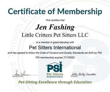 Pet Sitters International
Certificate of Membership
2024-2025