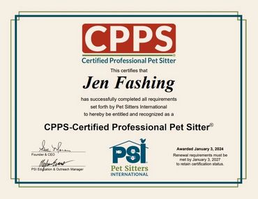 Certified Professional Pet Sitter
AWARDED 01/03/2024