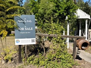 A 'For Sale' sign in a garden next to a rusty mailbox.