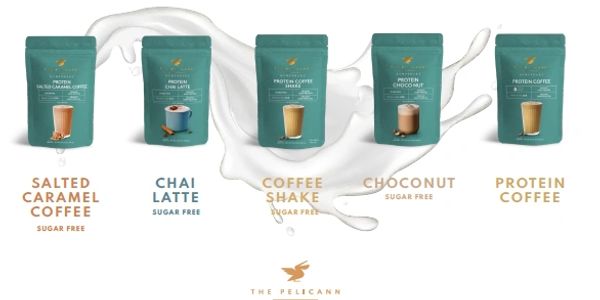 Five protein coffee flavors from The Pelicann with milk splash background.