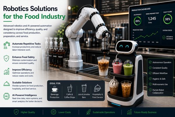 Robotic arm and AI robot preparing drinks in a food service setting with production dashboard.