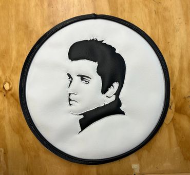 Customized Upholstery featuring Elvis Presley profile in black and white.
