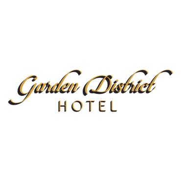 Logo of Garden District Hotel in elegant gold script on black.