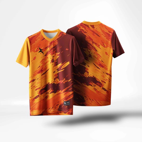 elvi Sports Vibrant orange and red sports jersey with abstract pattern.