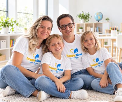 Une famille souriante portant des t-shirts assortis.