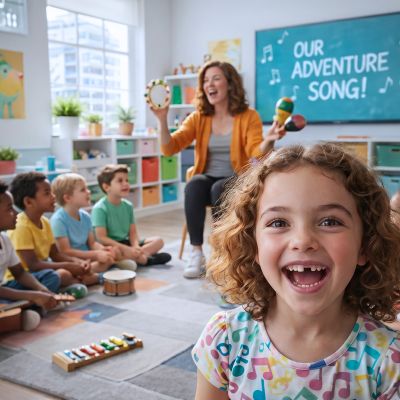 Une fille souriante en classe de musique avec une enseignante et d'autres enfants.