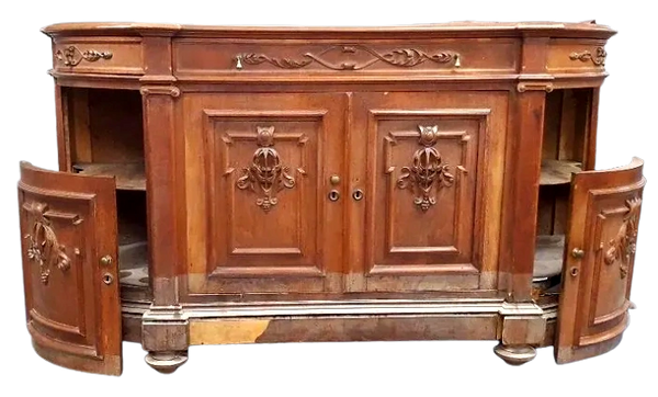 Badly flood damaged, requiring structural repair, extensive veneer consolidation and refinishing.