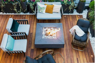 Cozy outdoor seating area with fire pit and wooden deck.