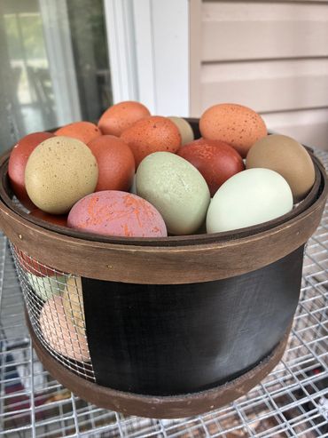 Basket filled with colorful eggs.