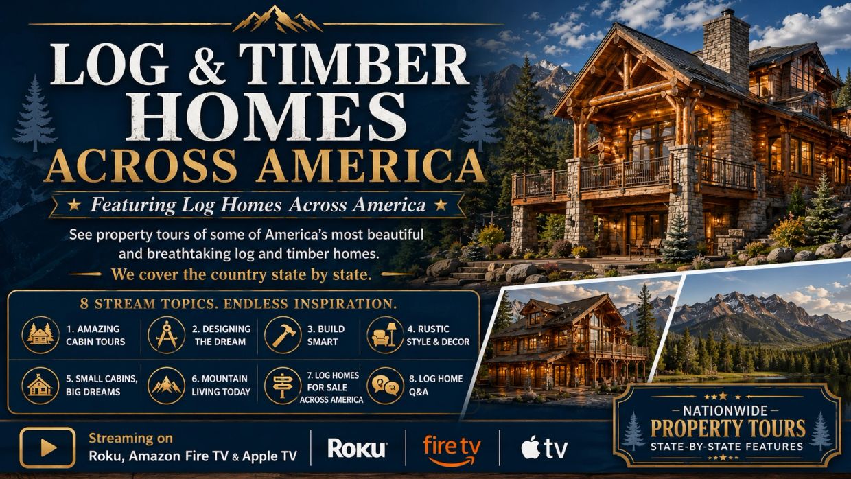Log and timber homes across America promotional banner featuring luxury mountain log homes, nationwide property tours, and streaming on Roku, Amazon Fire TV, and Apple TV.