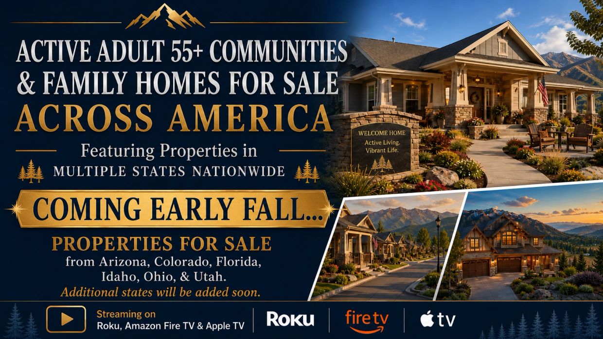 Active adult 55+ communities and family homes for sale across America, featuring resort-style mountain properties streaming on Roku, Amazon Fire TV, and Apple TV.