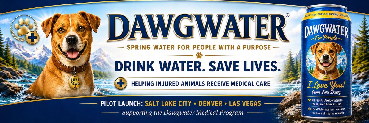 Dawgwater spring water promotional banner featuring Loki Dawg, a branded beverage can, and a mission to fund medical care for injured animals.
