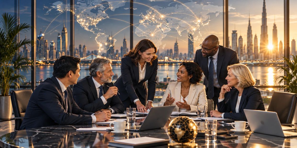Diverse business team collaborating in a modern office with cityscape view.