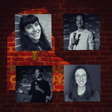 Standup comedians holding Microphones.  two male comedians, two female comedians.