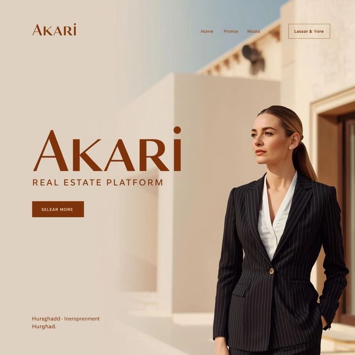 Professional woman stands confidently beside modern architecture for Akari Real Estate.