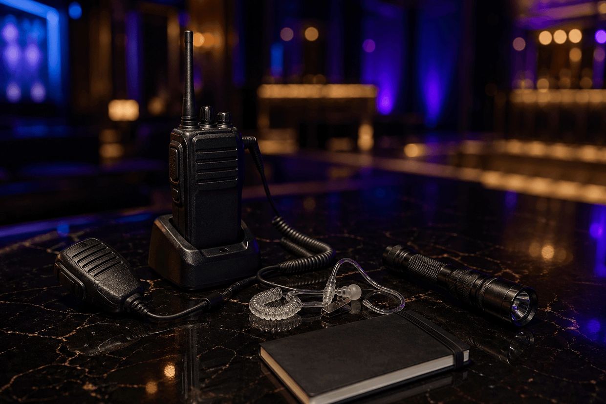 Nightlife communication equipment arranged with radio, speaker mic, earpiece, flashlight, and notebook