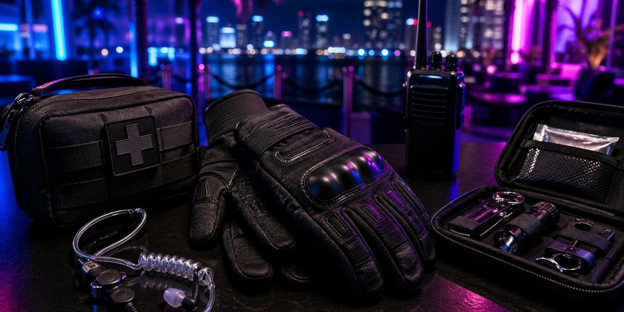 Nightlife protective gear arranged under neon lighting, including gloves, radio, earpiece, and first aid equipment.