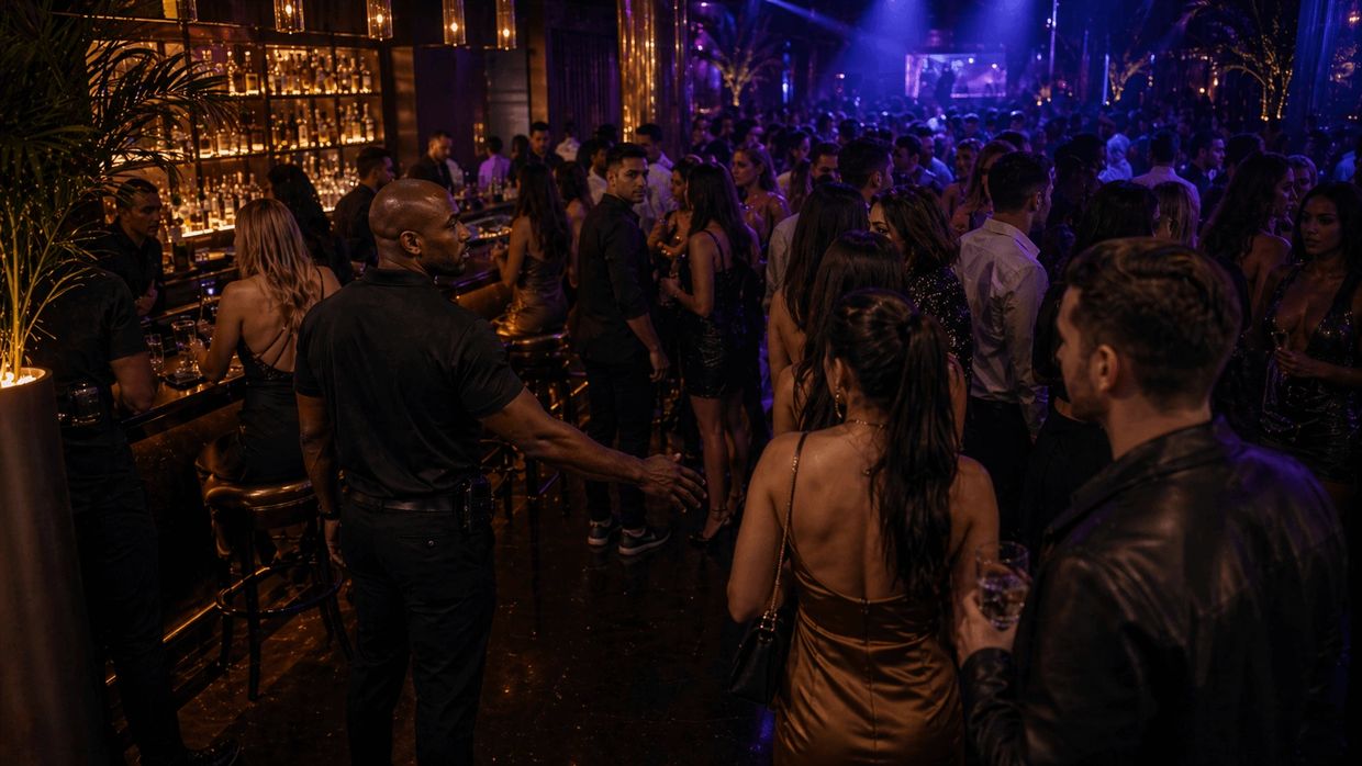 security observing subtle guest tension before escalation in a nightclub
