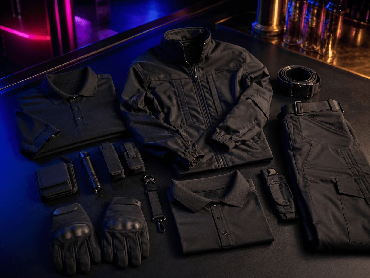 Black tactical clothing and security gear arranged in a neon-lit nightlife environment
