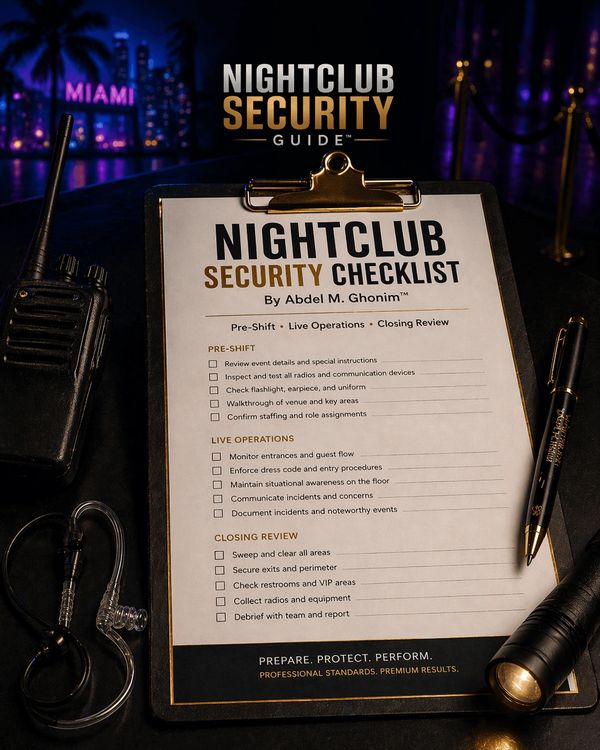 branded nightclub security checklist with radio flashlight pen and earpiece in a dark nightlife envi