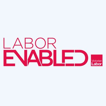 Labor Enabled logo in red text with Victorian Labor badge.